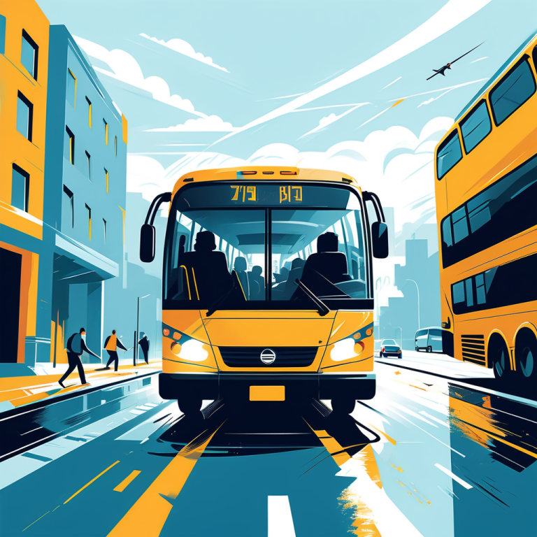 Bus fährt mit offener Tür und voller Passagierbeladung mit hoher Geschwindigkeit weiter