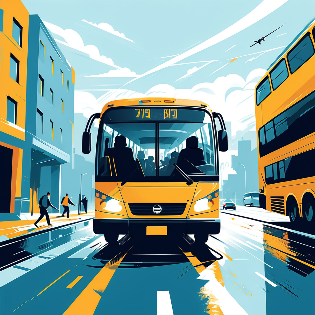 Bus fährt mit offener Tür und voller Passagierbeladung mit hoher Geschwindigkeit weiter